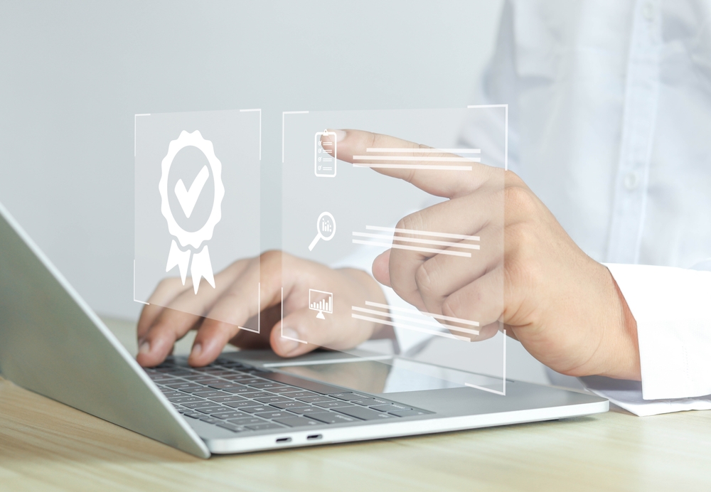 Person using a laptop with digital legal trust and verification icons representing secure attorney matching