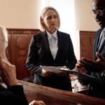 Criminal lawyer vs. criminal defense lawyer - legal team consulting with client in courtroom