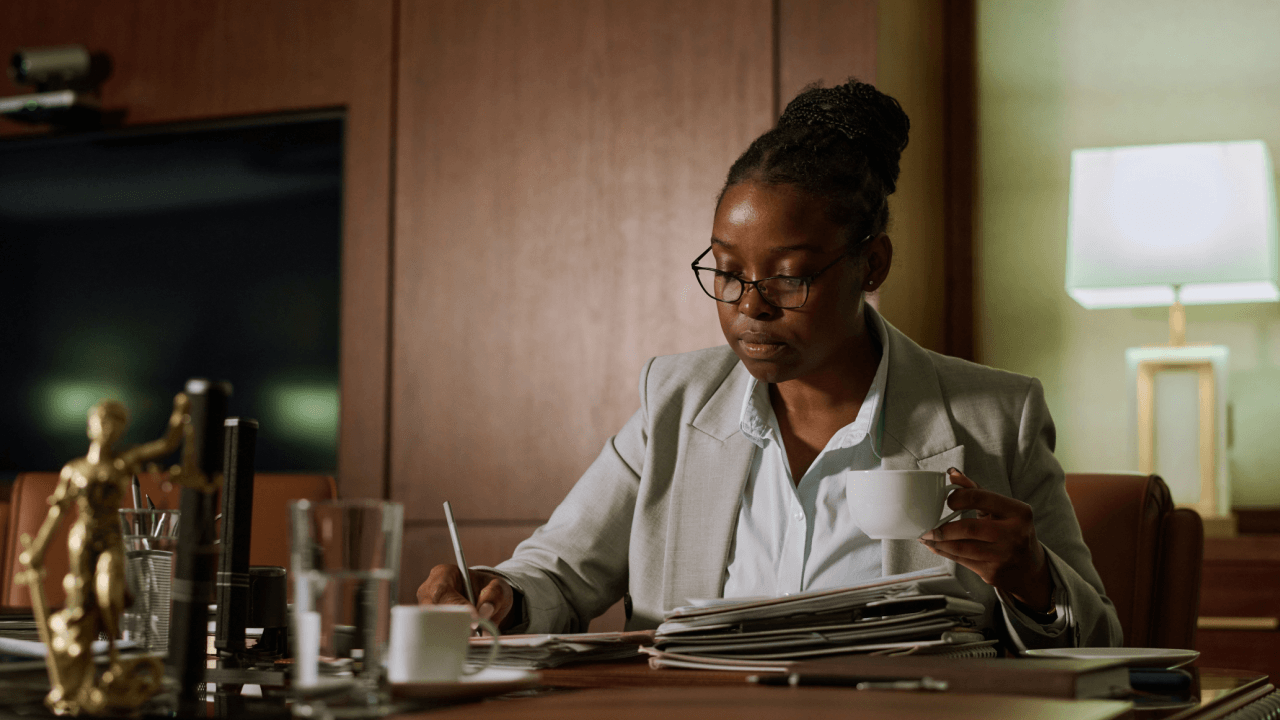 Professional criminal defense lawyer reviewing case files at desk - what do criminal defense lawyers do