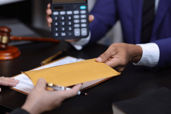 Two professionals discussing why do people settle instead of going to trial with documents and calculator on desk