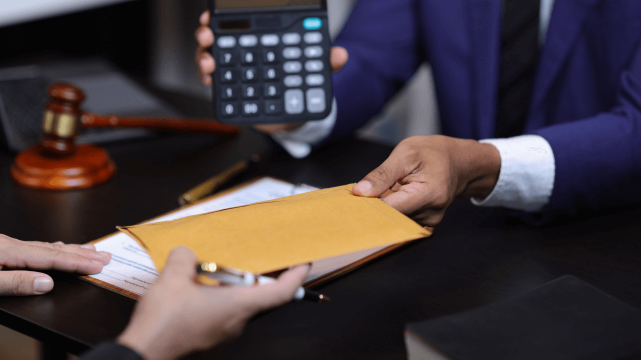 Two professionals discussing why do people settle instead of going to trial with documents and calculator on desk