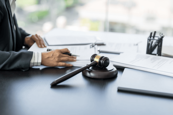 Legal professional reviewing documents with gavel representing what is a fancy word for advocate