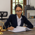 Professional lawyer at desk researching what is the highest lawyer called in legal hierarchy