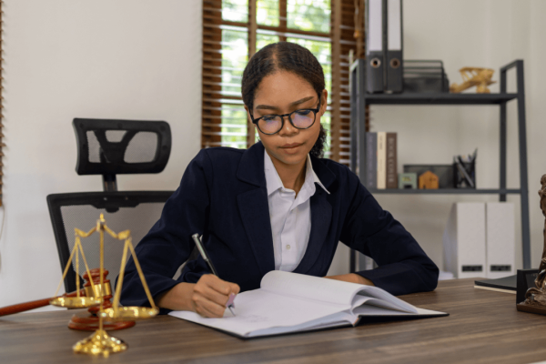 Professional lawyer at desk researching what is the highest lawyer called in legal hierarchy