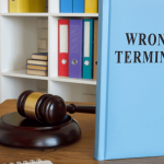 Wrongful termination law book beside a judge's gavel on a wooden desk