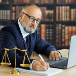 Employee rights lawyer writing case notes at desk with scales of justice and laptop in law library