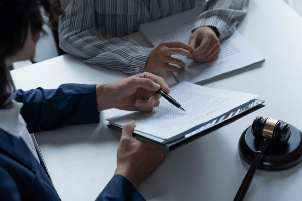 Attorney reviewing legal documents with client in disability discrimination by employers case
