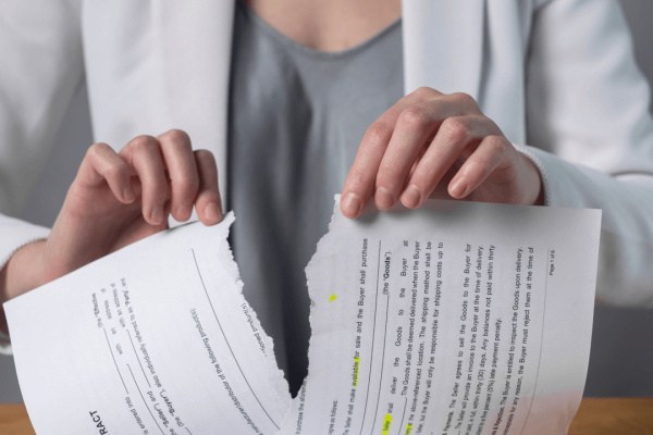 Woman tearing a legal contract in half