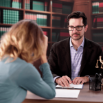 Attorney listening to distressed client describe workplace retaliation warning signs in law office