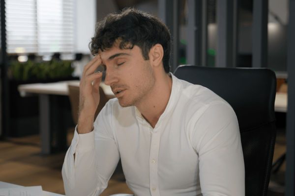 Stressed male employee at desk experiencing denied family medical leave rights in the workplace