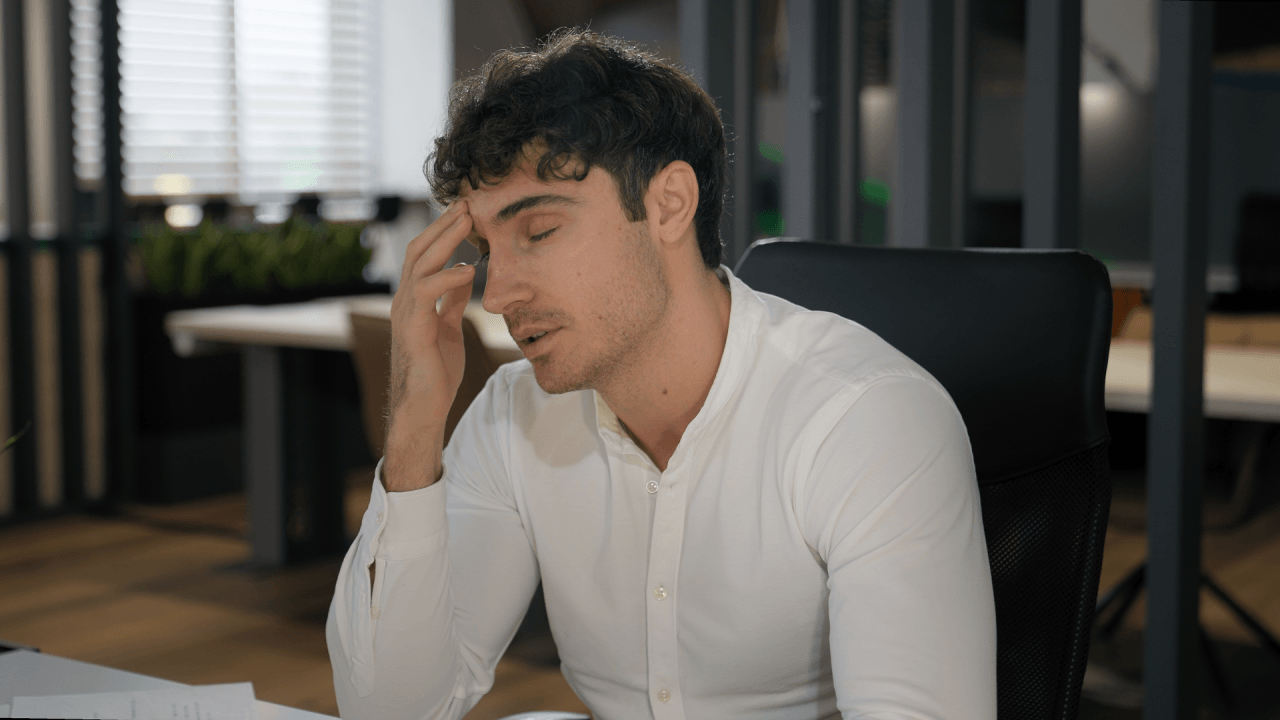Stressed male employee at desk experiencing denied family medical leave rights in the workplace