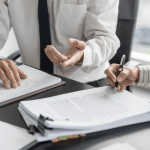 Attorney and client reviewing documents related to employee misclassification and overtime pay claim