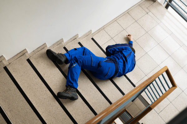 Worker in blue uniform lying on tiled landing after a slip and fall on stairs